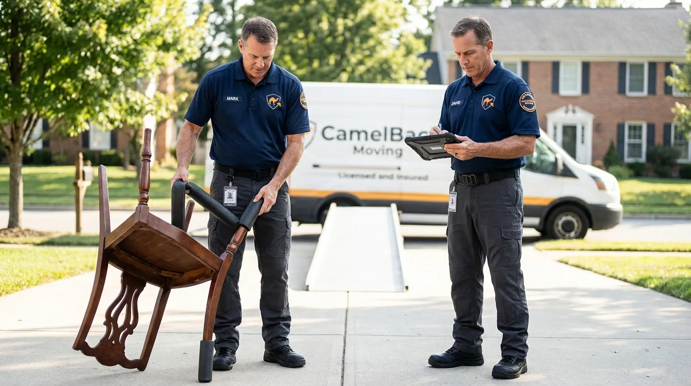 Movers inspecting furniture for damage prevention before loading in Garden City, MI