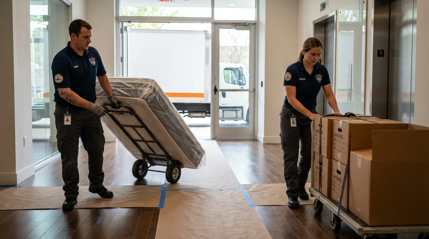 Professional apartment movers loading elevator in Garden City, MI