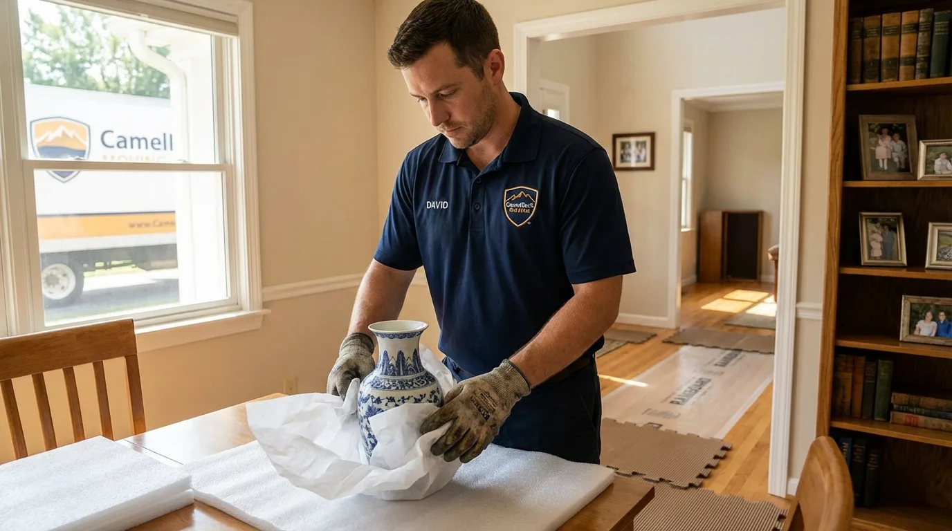 Professional crew carefully wrapping antique vase for senior downsizing move in Garden City, MI